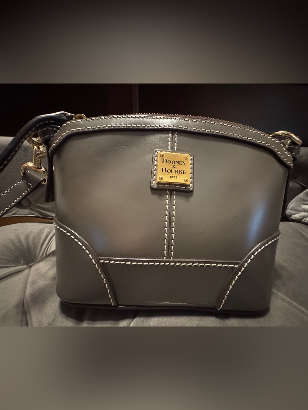 Dooney & Bourke Grey Leather Crossbody with Gold Logo Plate